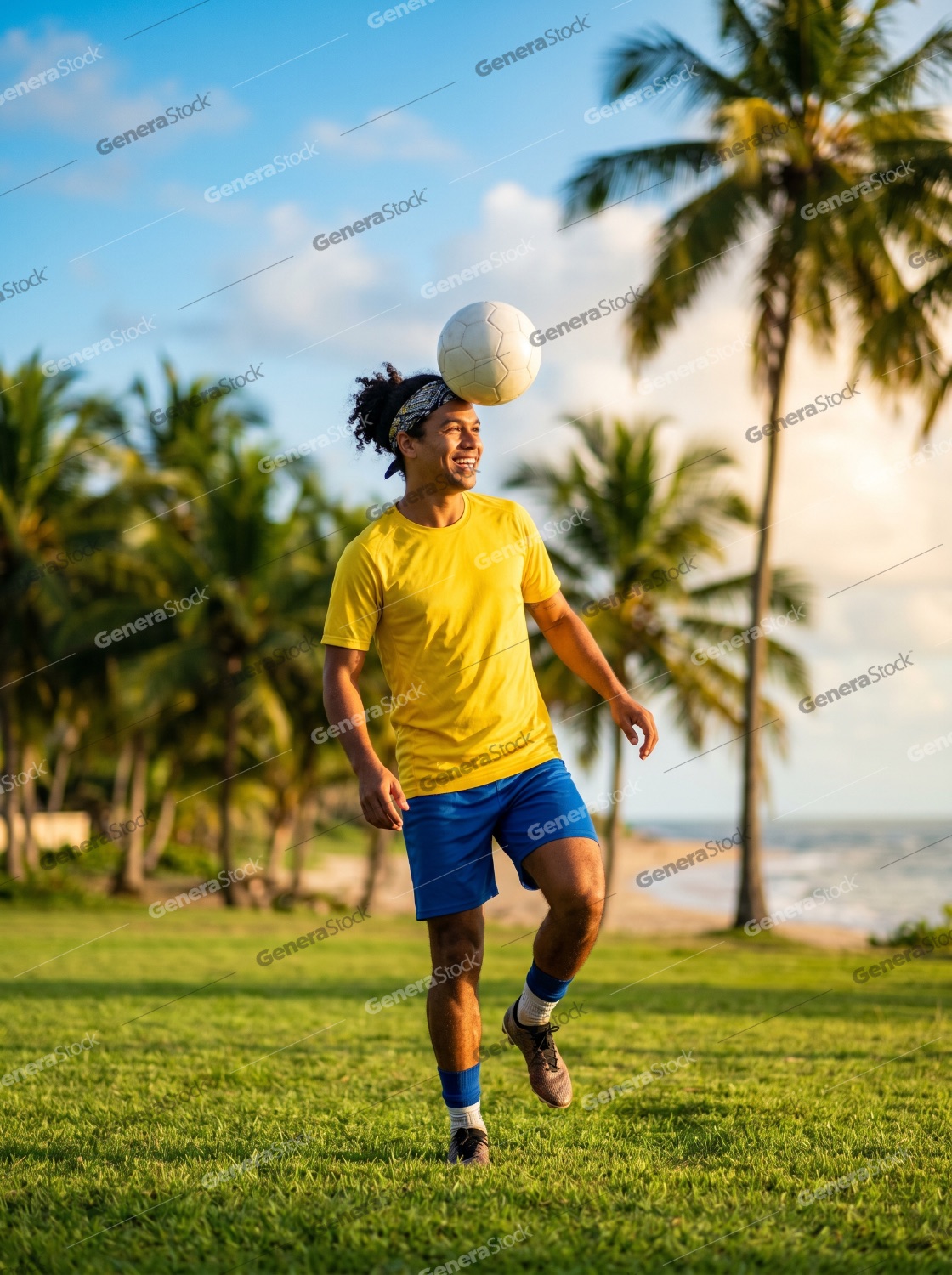Athletic young man in yellow shirt balancing a soccer ball on his head at a tropical beach park with palm trees