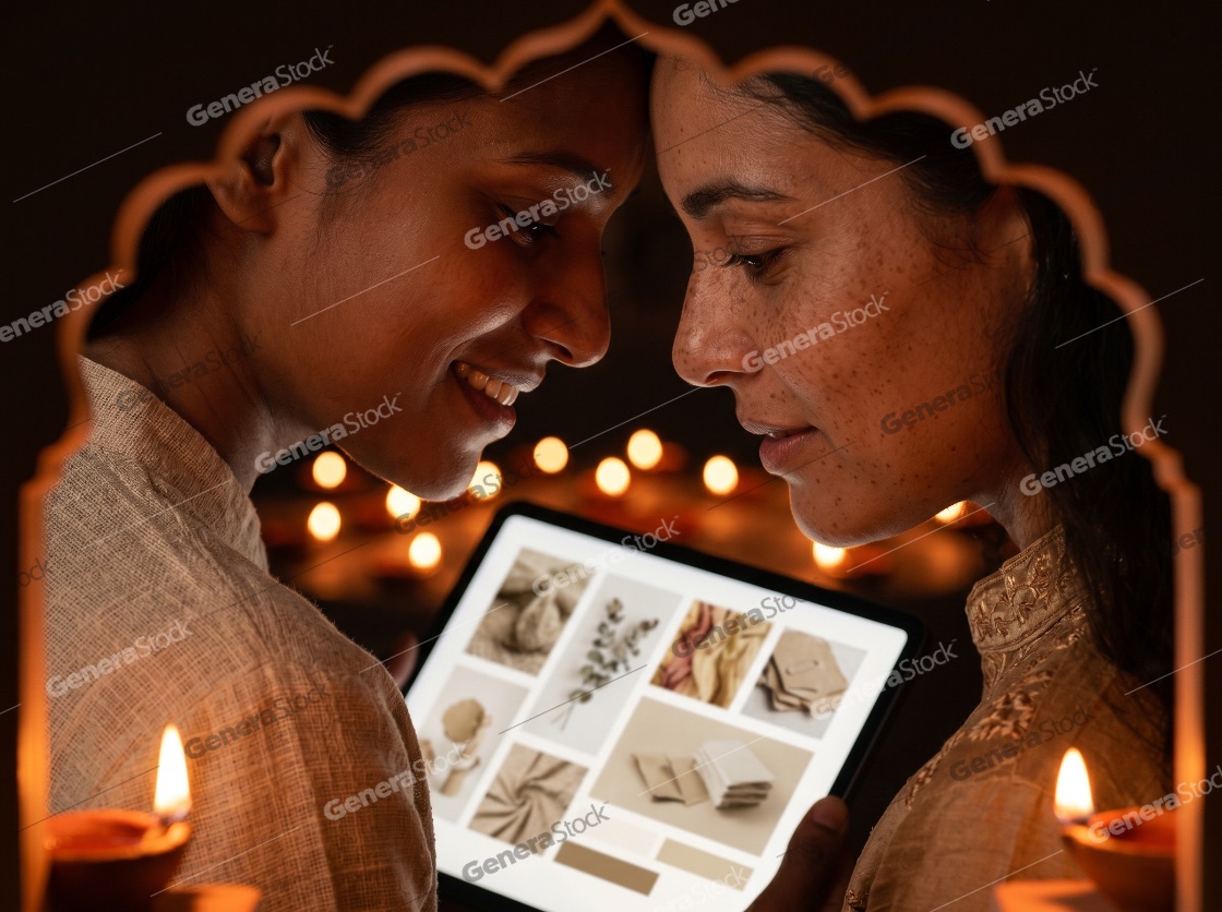 Two young Indian women smiling while looking at a digital tablet together in a warm festive setting decorated with traditional oil lamps