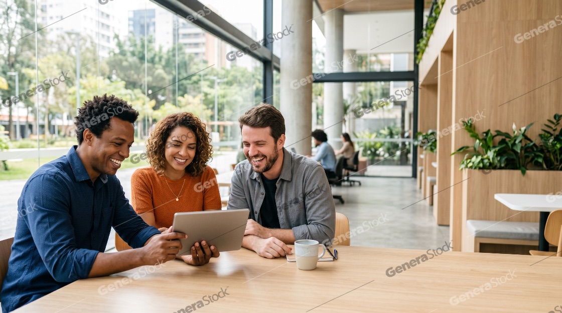 Diverse Group of Young Professionals Collaborating and Laughing Over a Tablet in a Modern Office