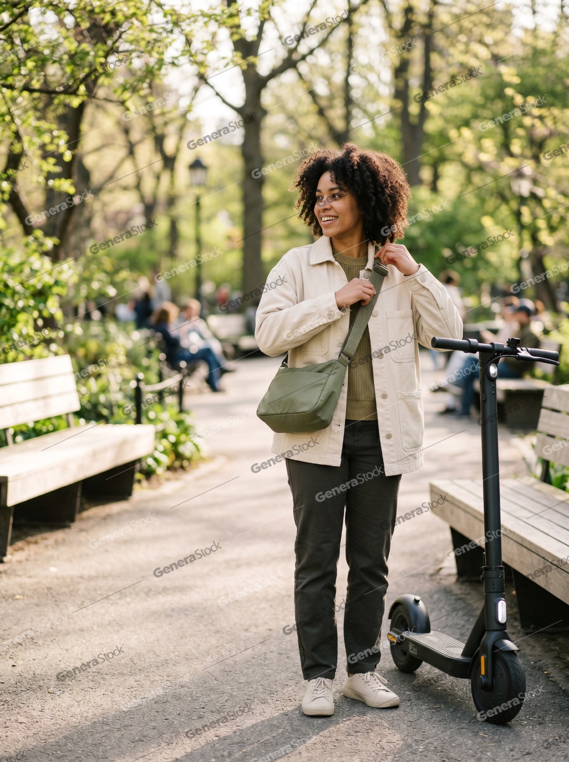 Young smiling African American woman with curly hair standing next to an electric scooter in a sunny public park