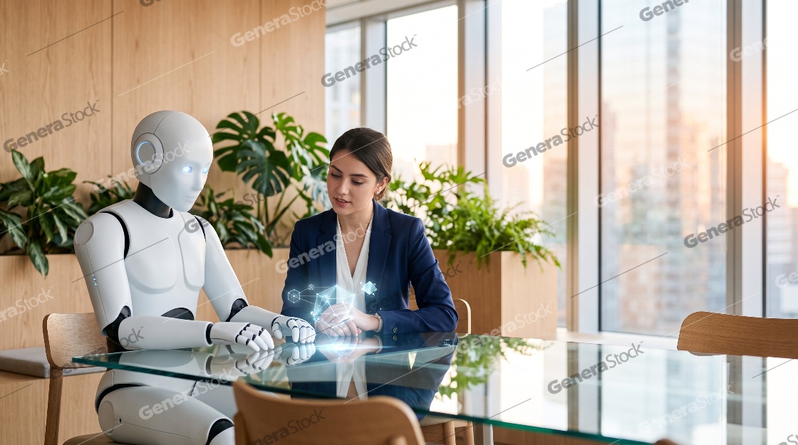 Futuristic collaboration between a female executive and a humano