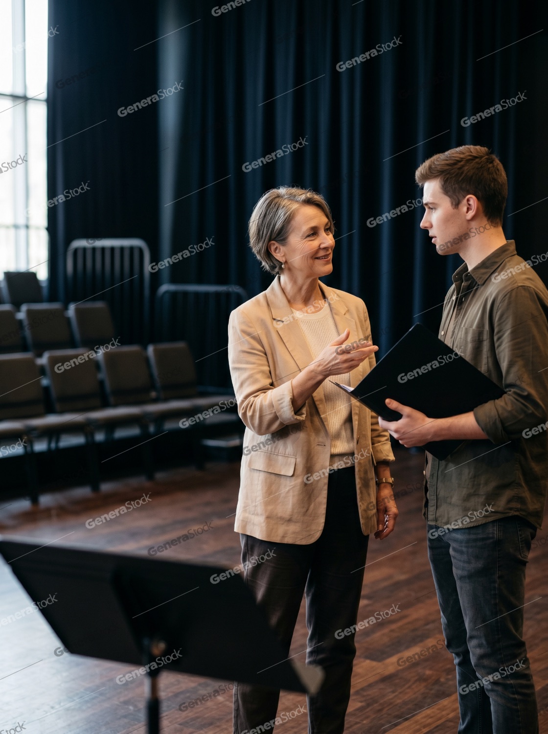 Mature female director or teacher mentoring a young male actor during a rehearsal in a theater auditorium
