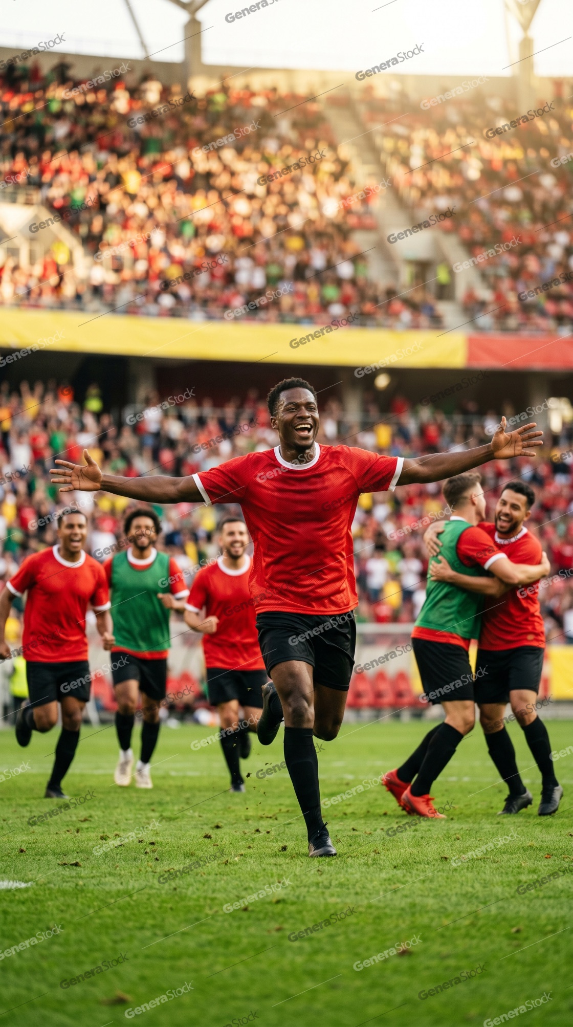 Joyful professional soccer player in a red uniform celebrating a goal with arms wide open while teammates cheer in a packed stadium