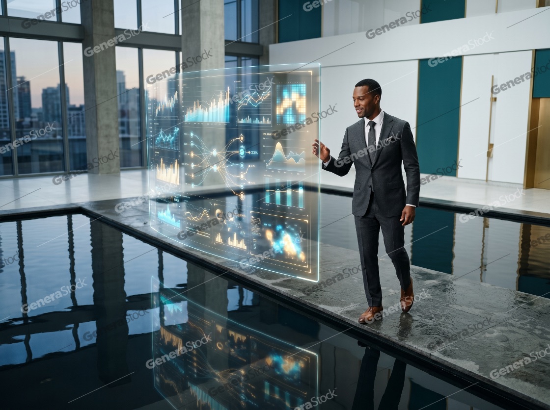 African American Businessman Analyzing Financial Data on a Futuristic Holographic Interface in a Modern Corporate Office Lobby
