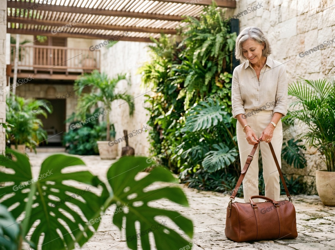 Elegant Mature Woman with Leather Travel Bag in a Tropical Resort Courtyard
