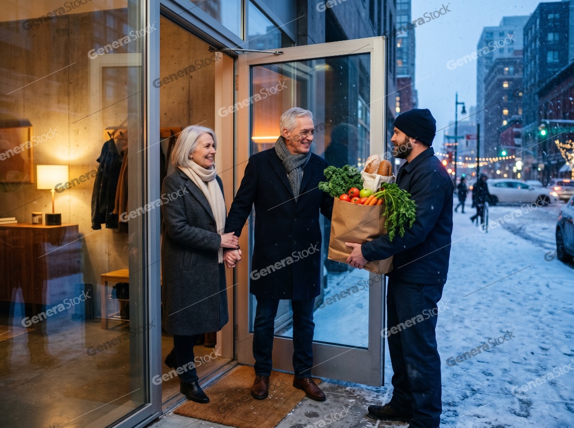 Delivery man handing a bag of fresh groceries to a senior couple at their doorstep on a snowy winter evening