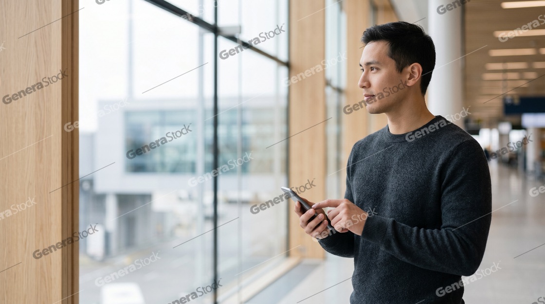 Young Asian Man Using Smartphone While Waiting in a Modern Airport Terminal