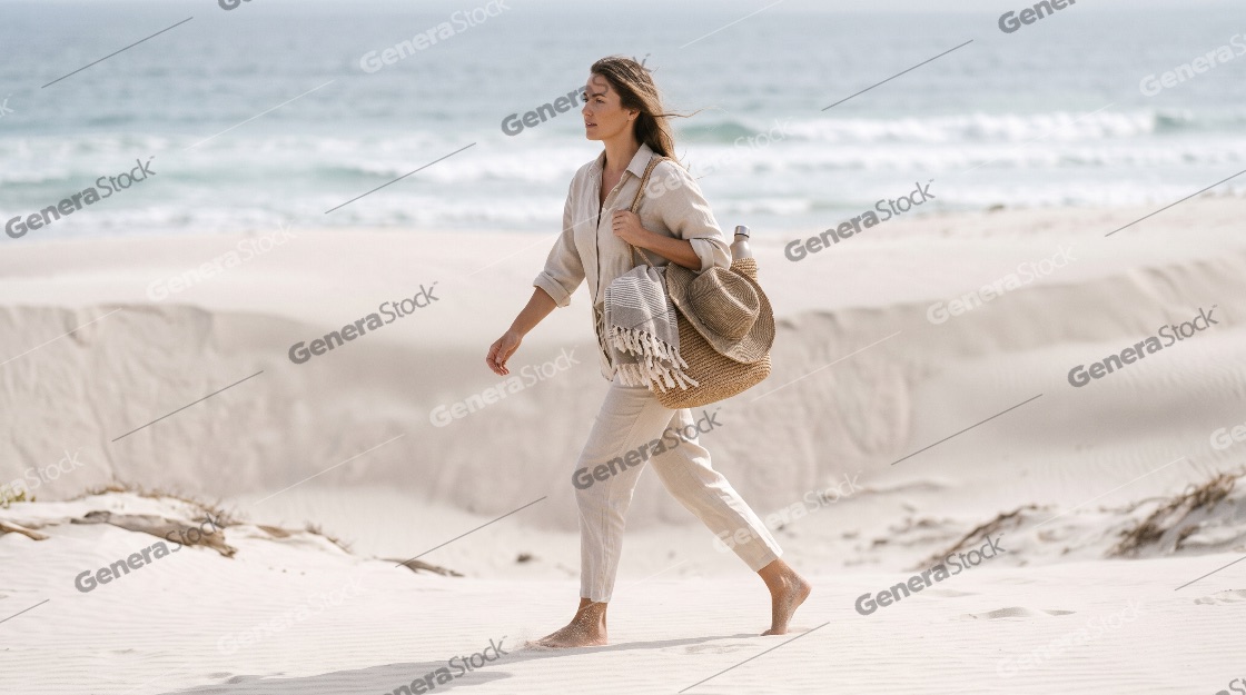 A peaceful woman walking barefoot along a white sand beach near
