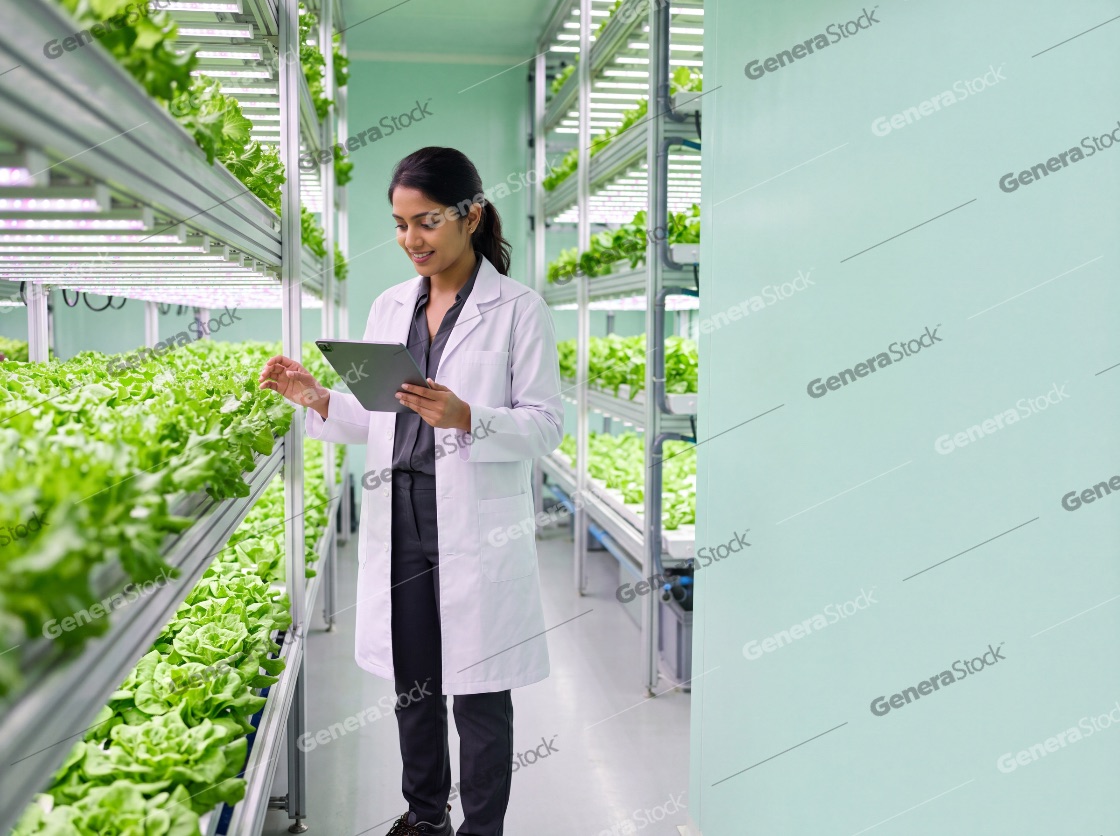 Female scientist in white lab coat using a digital tablet to monitor lettuce growth in a modern vertical indoor farm