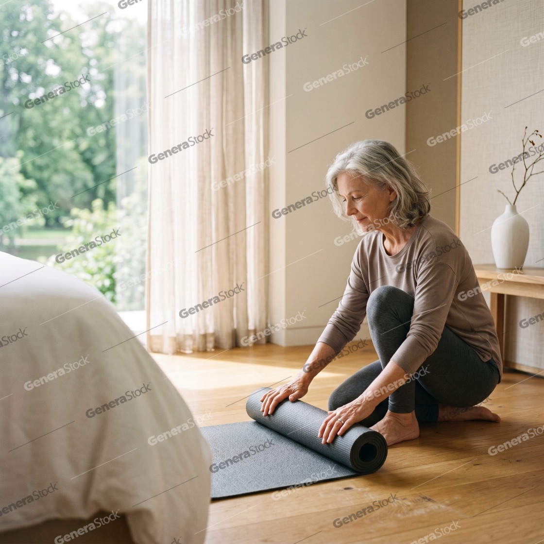 Active senior woman rolling up her yoga mat after a home workout in a bright bedroom