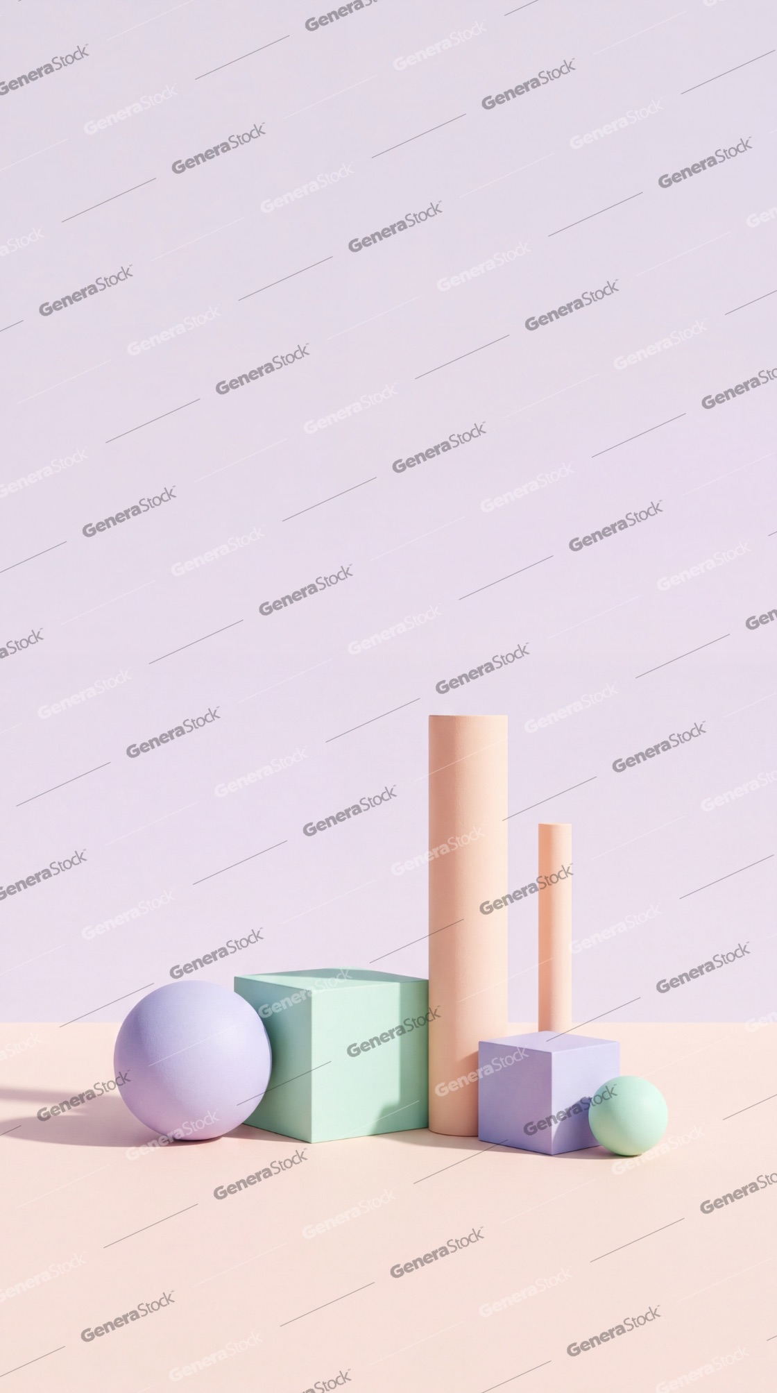 Minimalist composition of 3D geometric shapes in pastel colors including spheres, cubes, and cylinders against a soft lavender background
