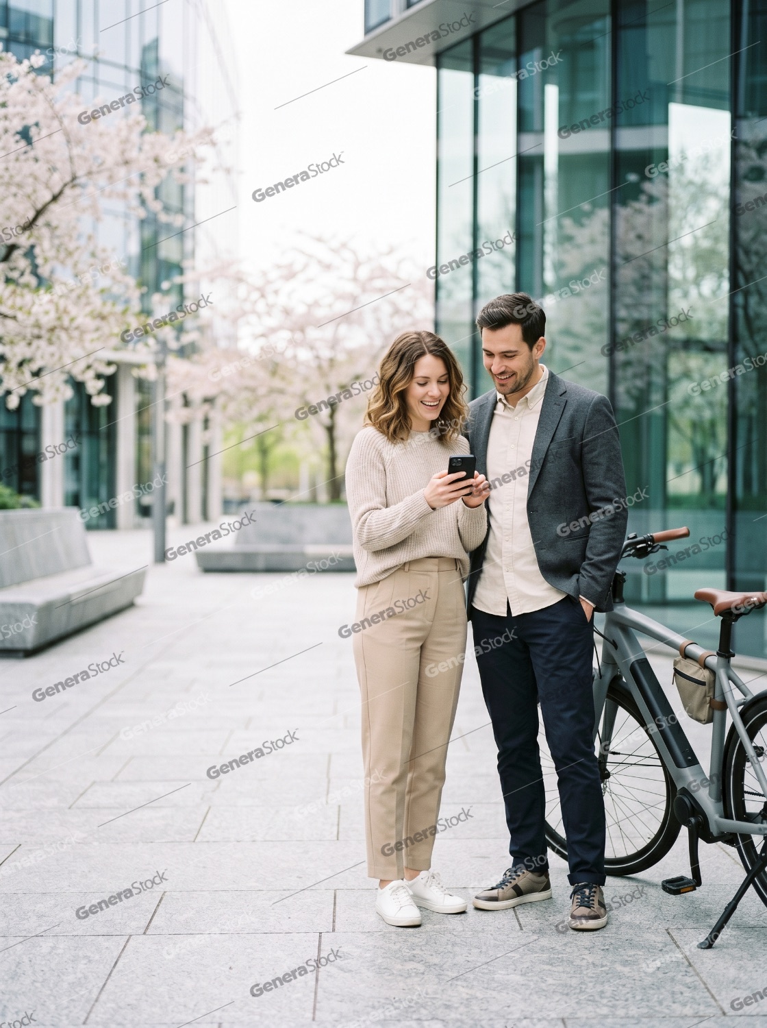 Smiling young couple or colleagues looking at a smartphone together in a modern urban environment with a bicycle