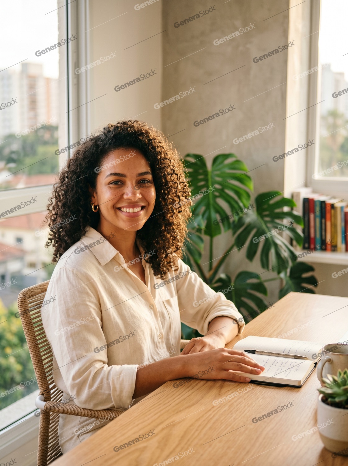 Smiling Young Woman with Curly Hair Working in a Bright Home Office