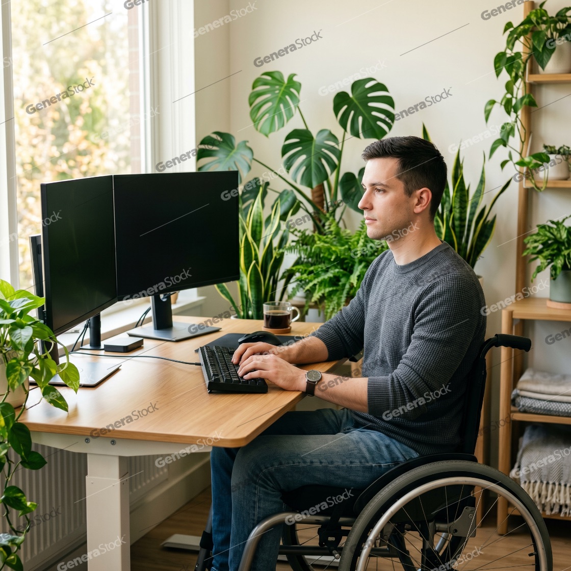 Young Man in Wheelchair Working at a Computer in a Bright Home Office with Many Plants
