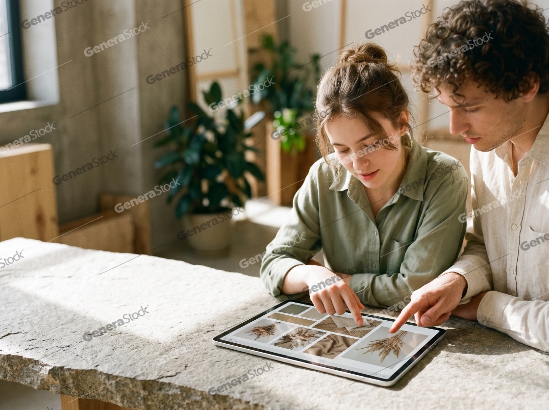Young creative couple or designers working together on a digital tablet in a bright modern studio