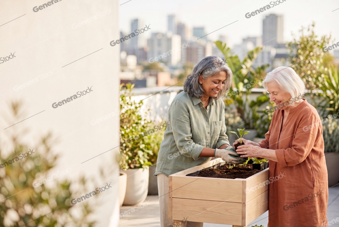 Two diverse senior women enjoy gardening together on a sunny rooftop terrace with a city skyline view, planting seedlings in a wooden raised bed while smiling and sharing a happy moment