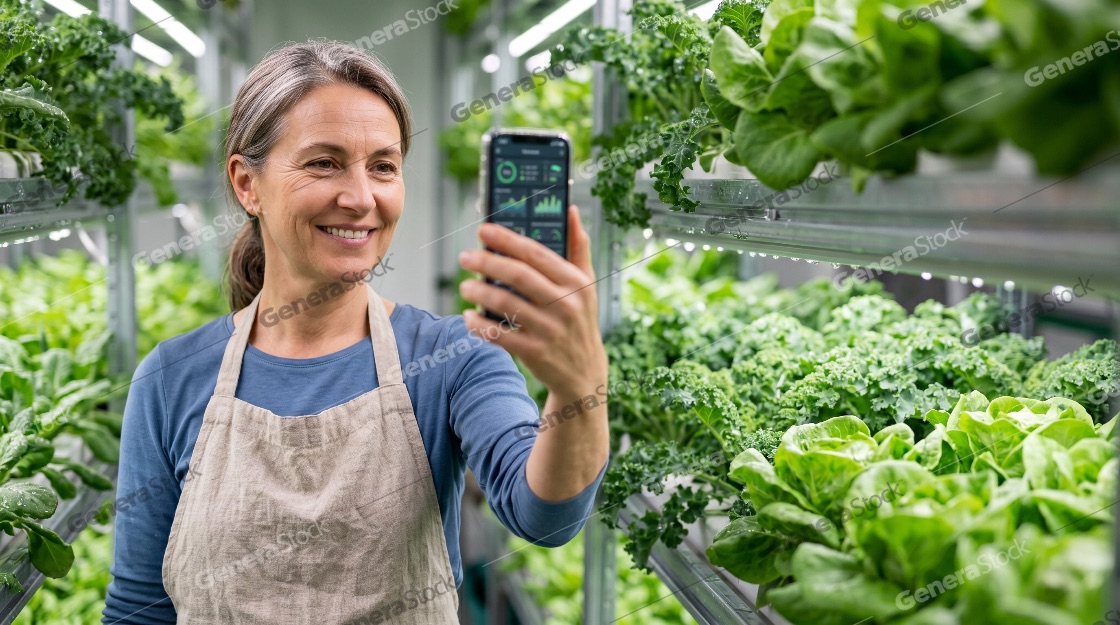 Smiling female farmer using a smartphone app to monitor plant growth in a modern vertical indoor farm