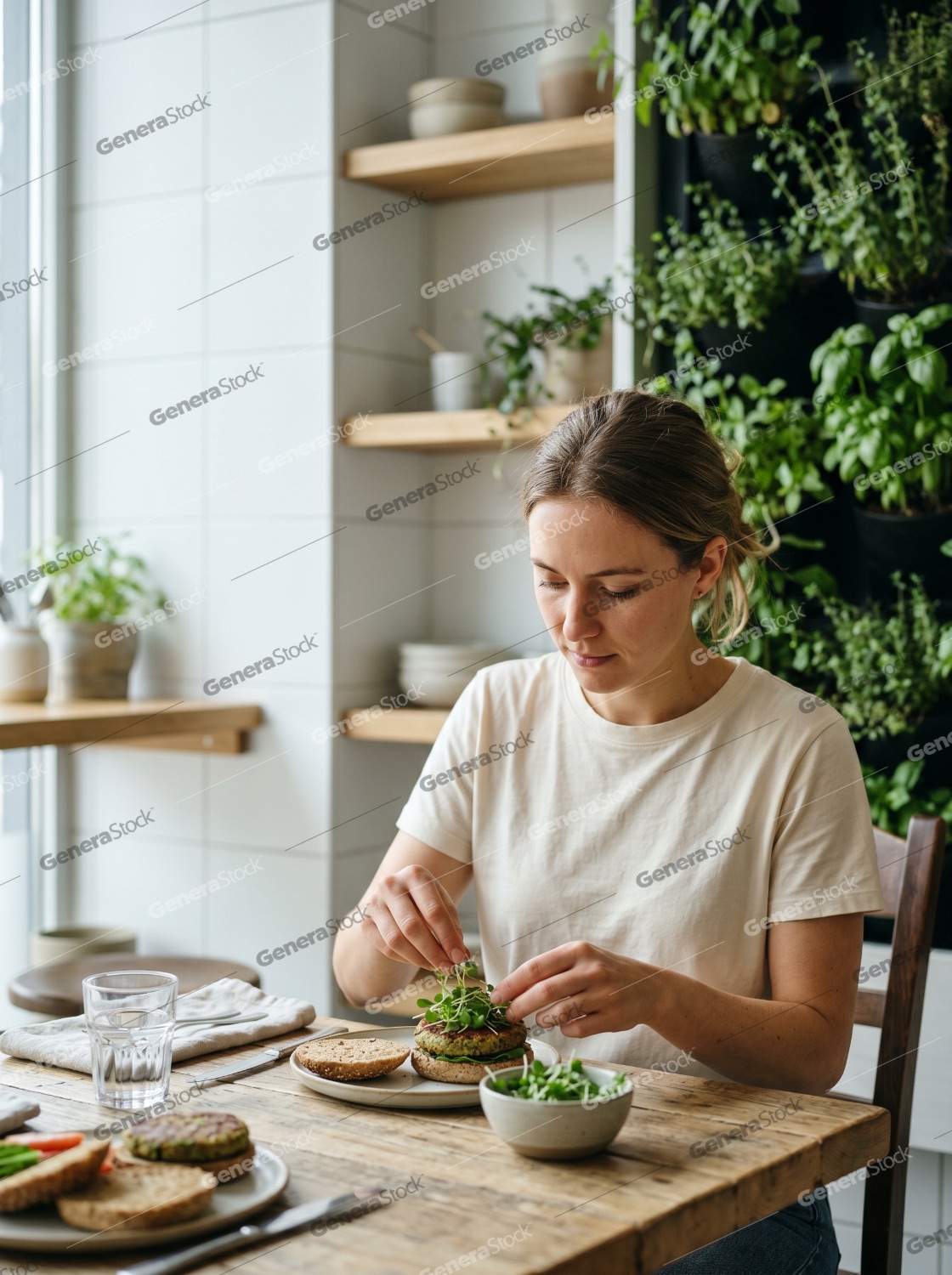 Young woman preparing a healthy plant-based veggie burger with fresh microgreens in a bright kitchen