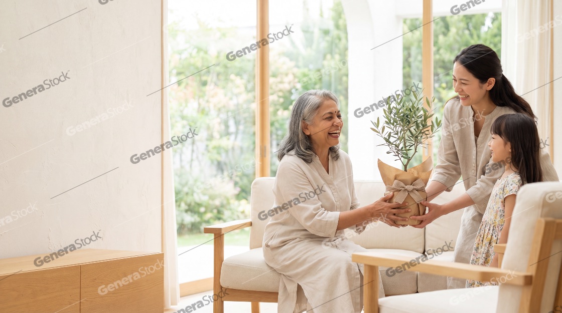 A joyful grandmother receives a potted olive tree gift from her daughter and granddaughter in a sunlit, minimalist living room, capturing a heartwarming moment of family bonding and love
