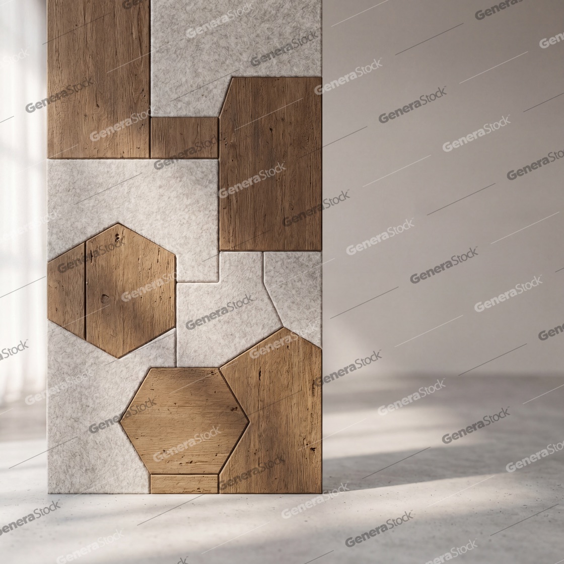 Contemporary architectural partition featuring a puzzle of wooden hexagons and textured gray panels standing in a bright minimalist room with soft sunlight and shadows on the floor