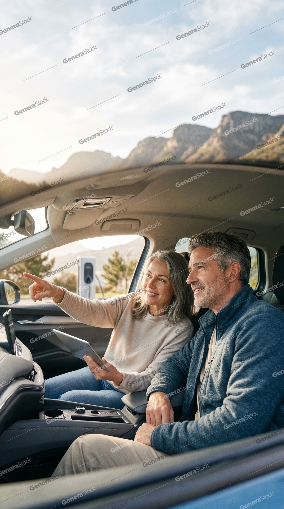 Happy Mature Couple Planning a Road Trip in an Electric Car with a Tablet