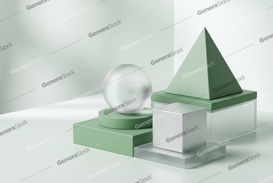 Modern minimalist 3D geometric shapes including sphere, pyramid, and cube on sage green and frosted glass podiums