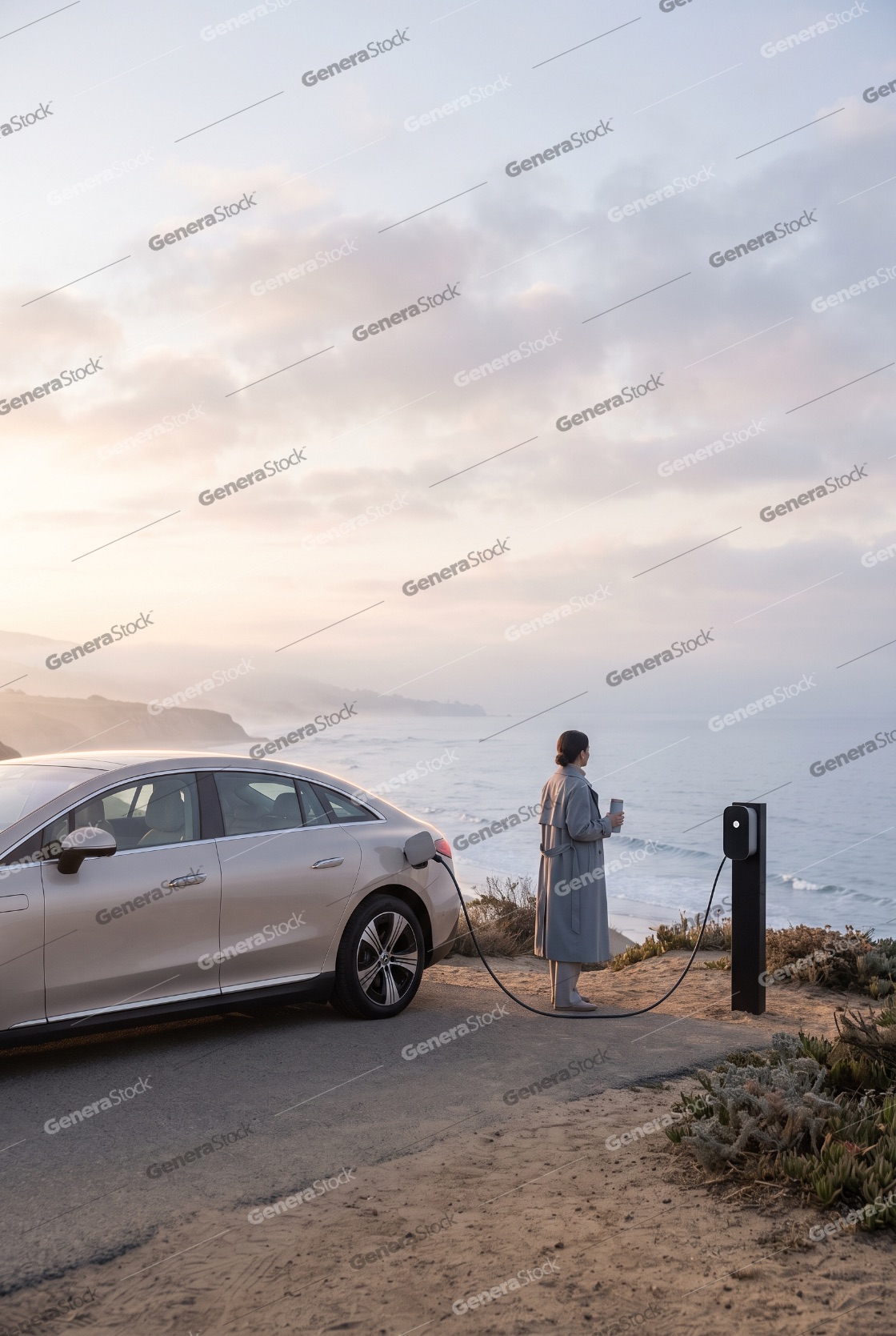 Woman charging electric car at a scenic coastal charging station
