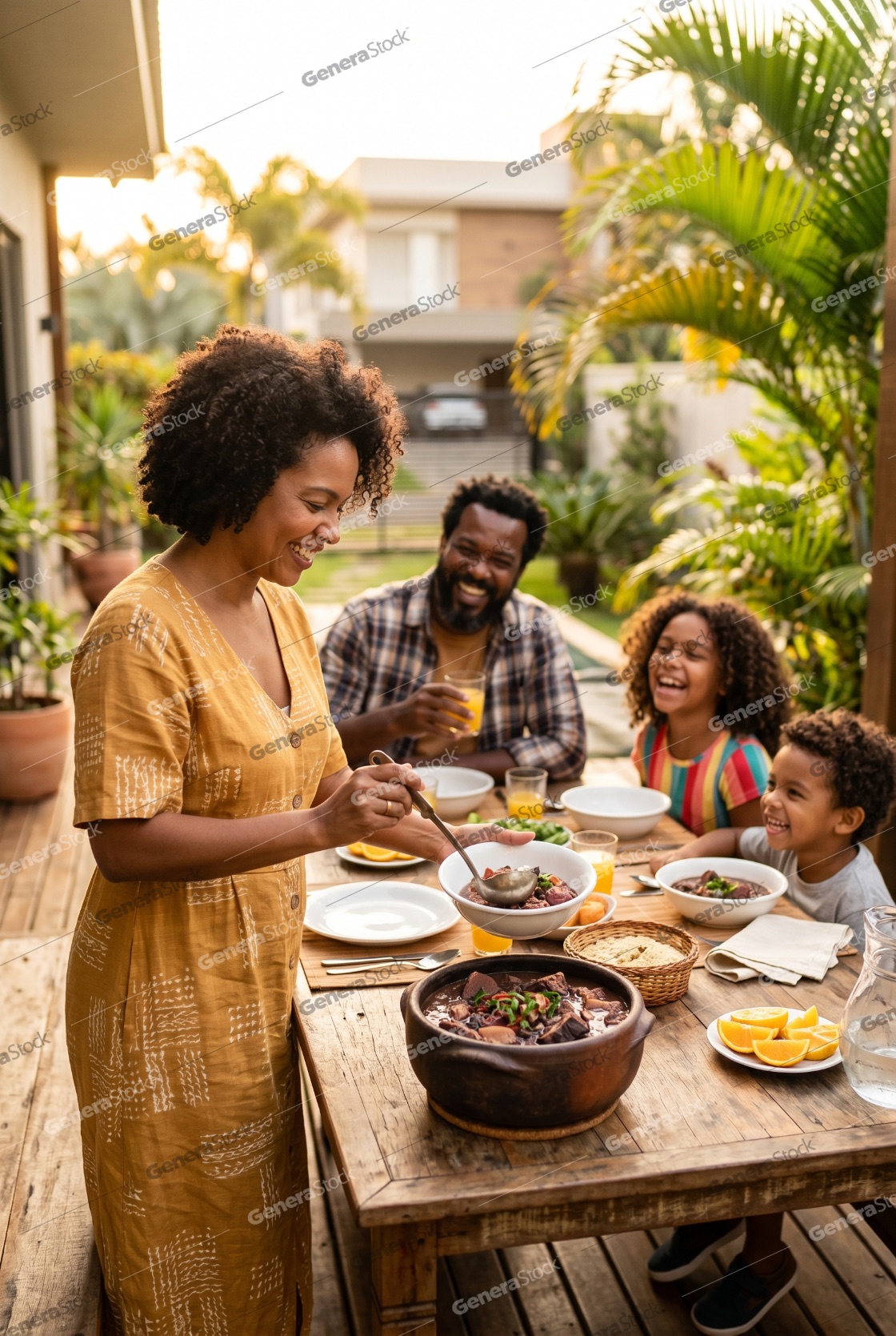 Happy Black Family Enjoying a Traditional Feijoada Meal Together on an Outdoor Patio