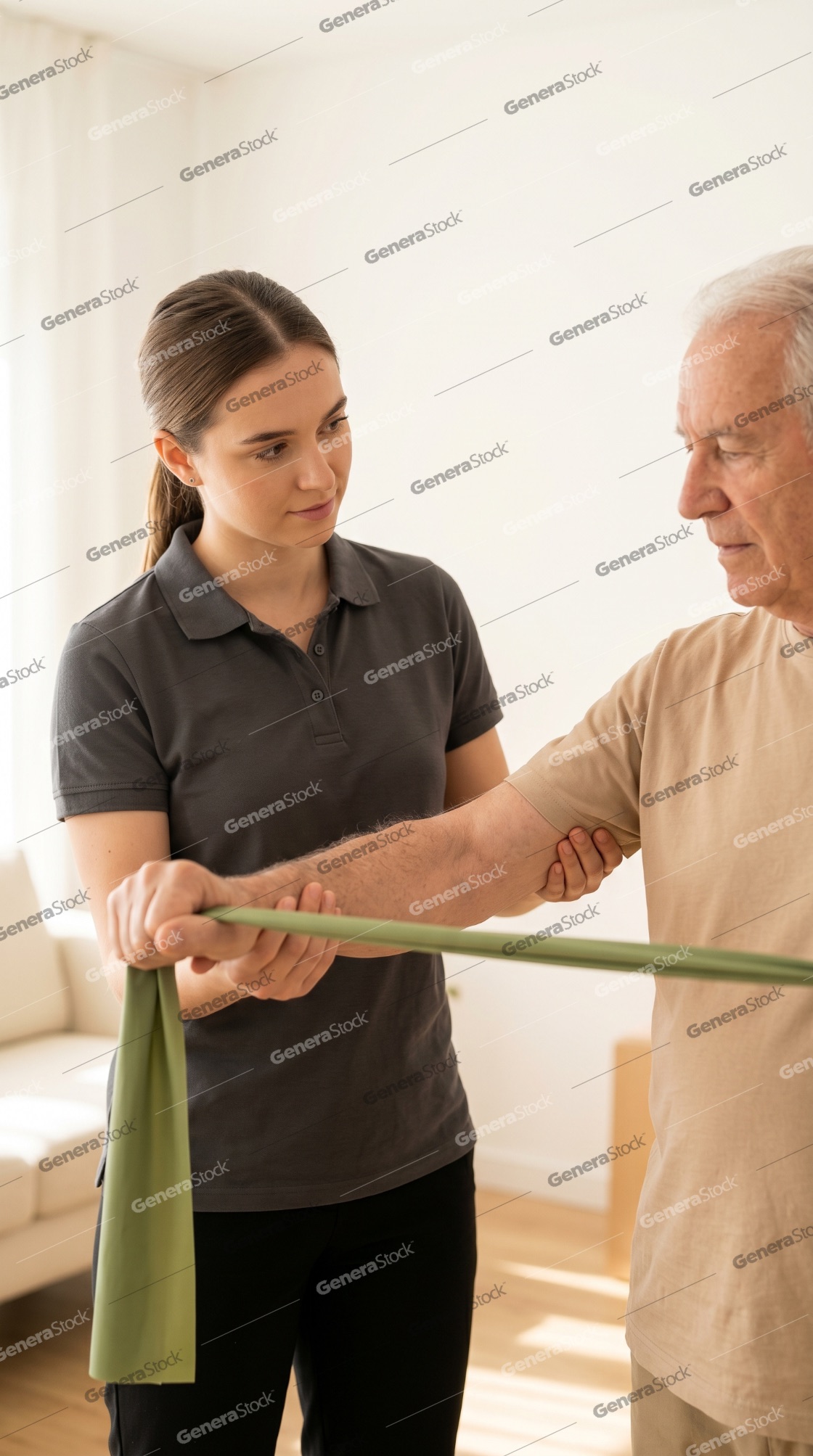 Young female physiotherapist helping elderly man with arm exercises using a resistance band at home