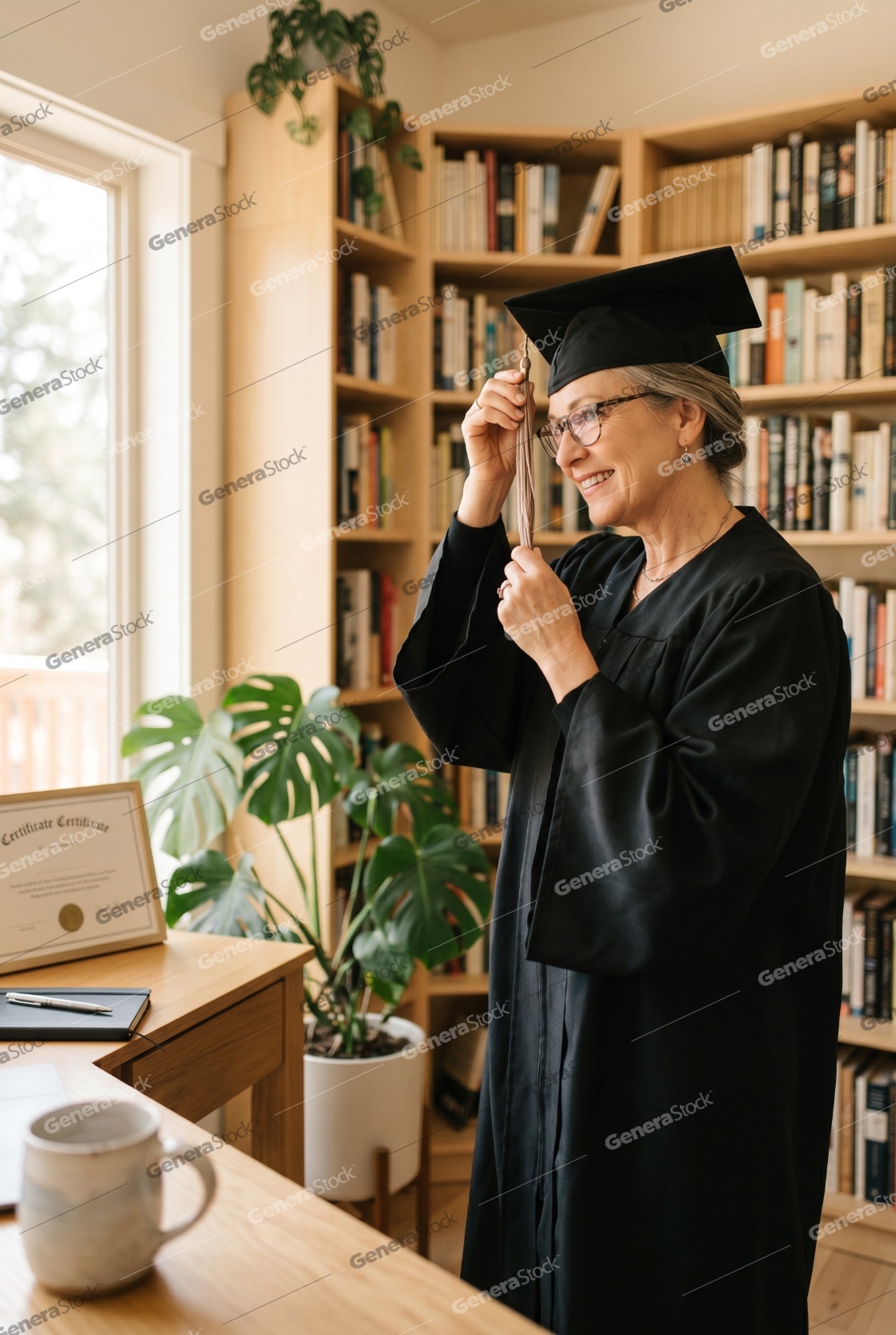 Smiling Senior Woman in Graduation Gown Adjusting Tassel in Home Library