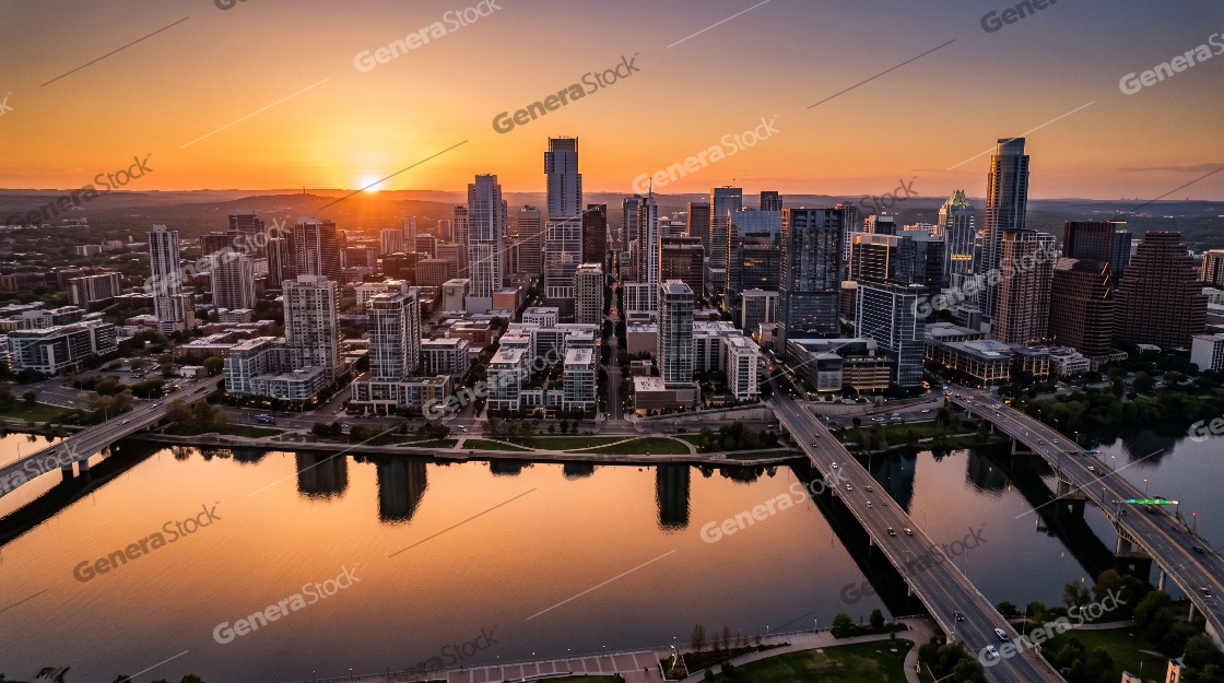 Aerial view of the Austin Texas downtown skyline at sunset featu