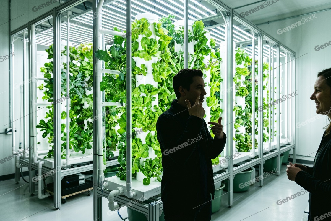 Two people discussing sustainable agriculture inside a modern vertical hydroponic farm with lush green leafy vegetables
