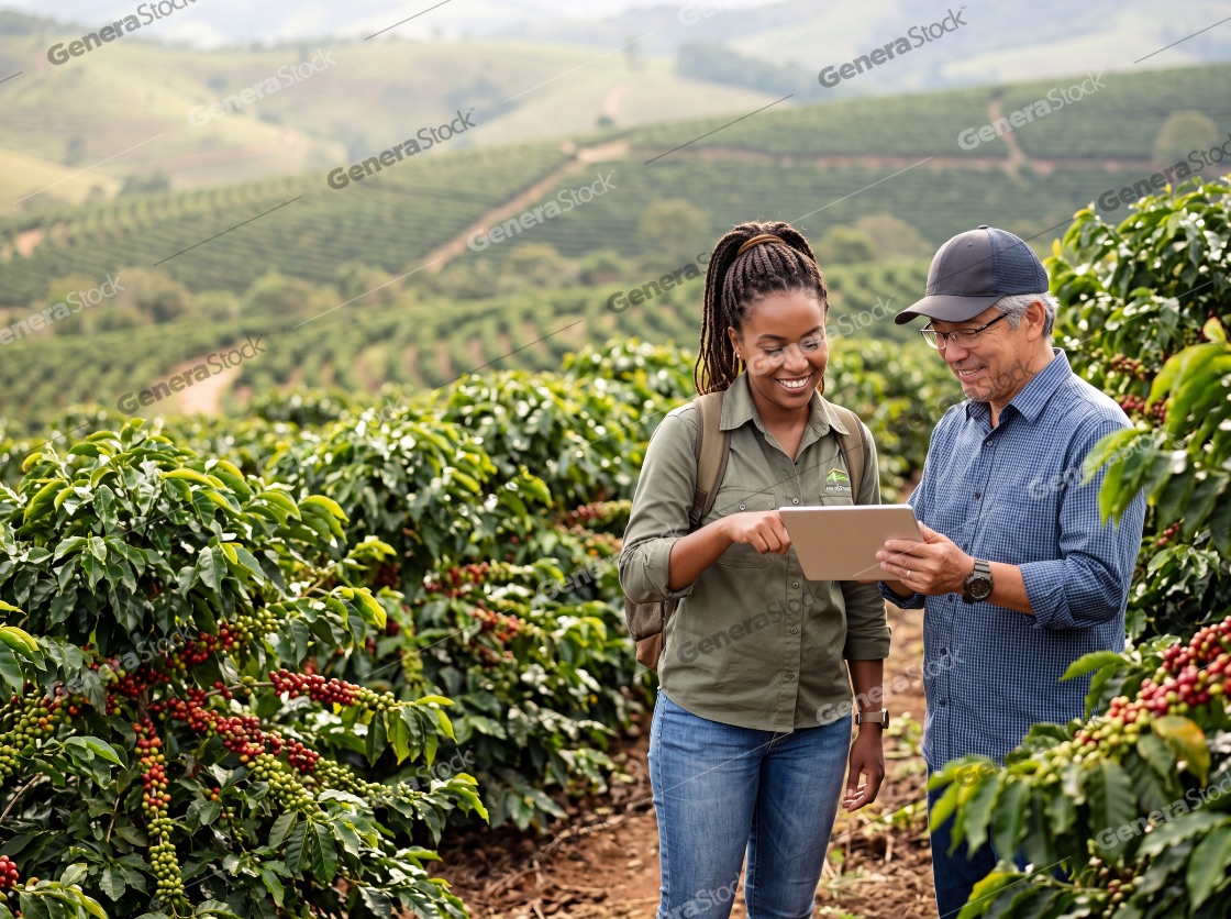 Diverse agronomists using a digital tablet to monitor crop health on a coffee plantation