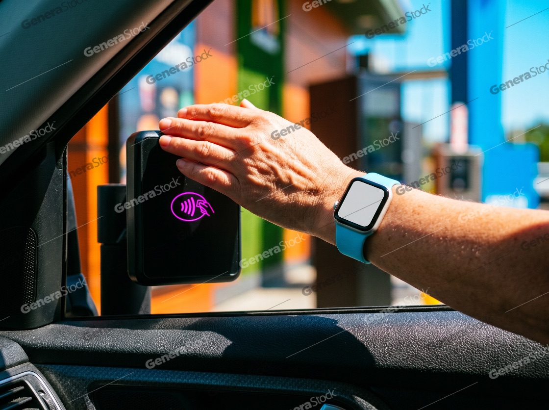 Person using a smartwatch for contactless payment at a drive-thru window