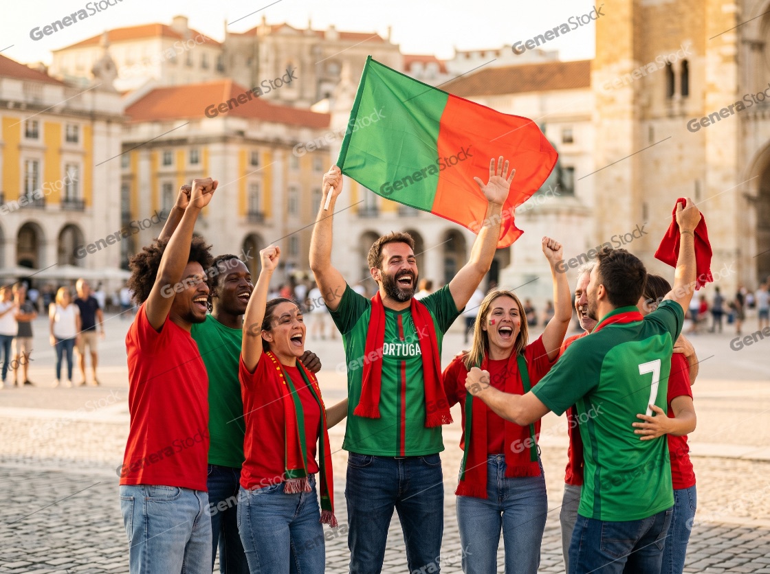 Enthusiastic group of diverse Portuguese football fans cheering and waving the national flag in a historic city square during a celebration