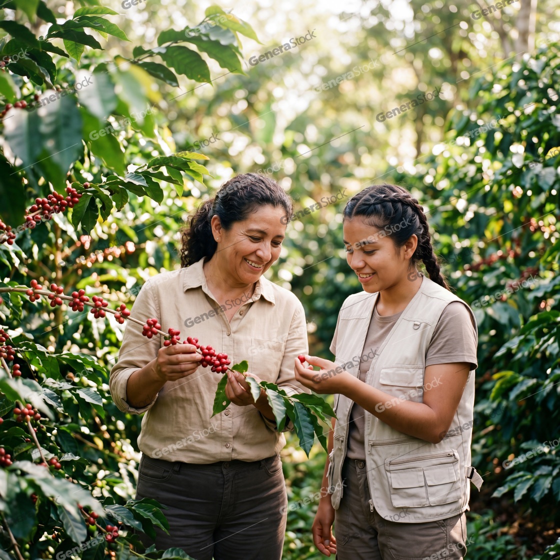 Two smiling women harvesting ripe red coffee cherries on a lush plantation during the harvest season