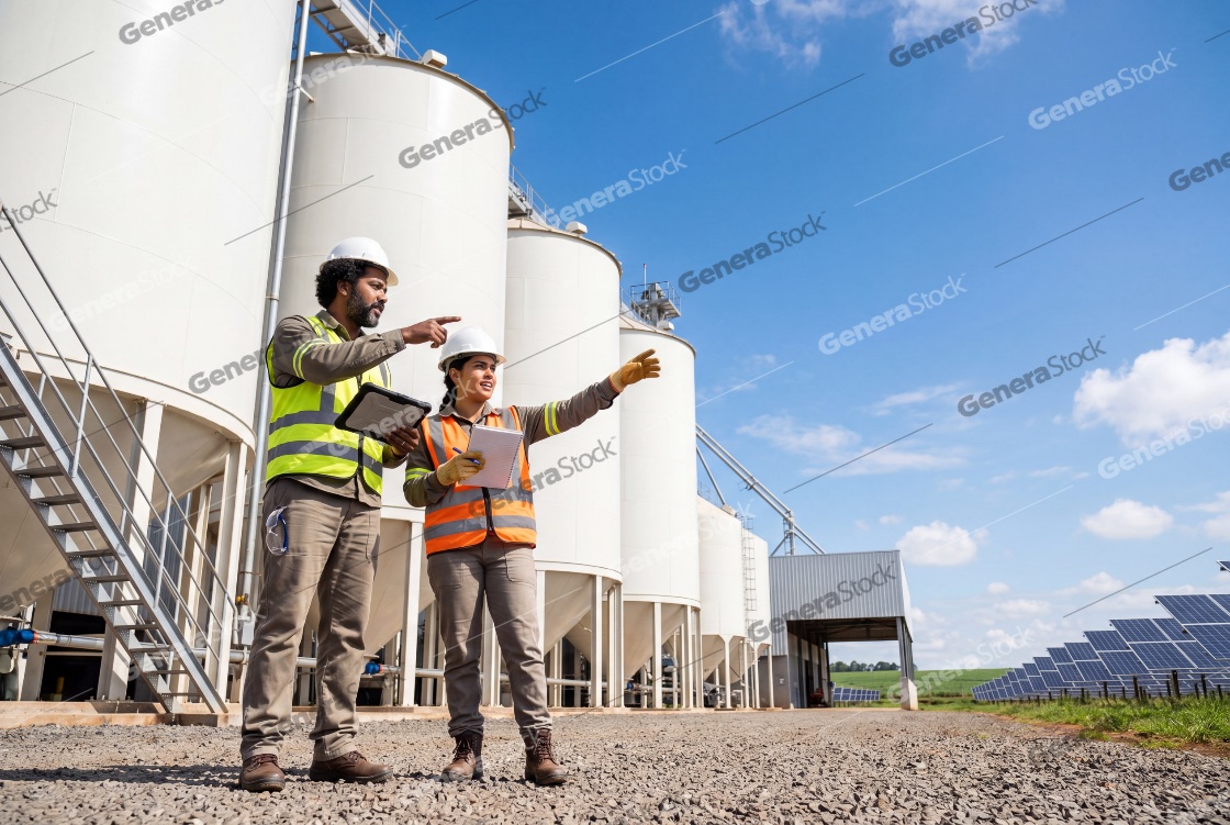 Two diverse engineers in safety gear discussing operations at a renewable energy facility with silos and solar panels