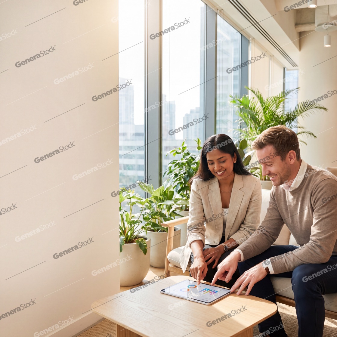 Professional colleagues, an Indian woman and a Caucasian man, analyzing business growth and statistics on a tablet while sitting in a sunlit, contemporary office space with green plants