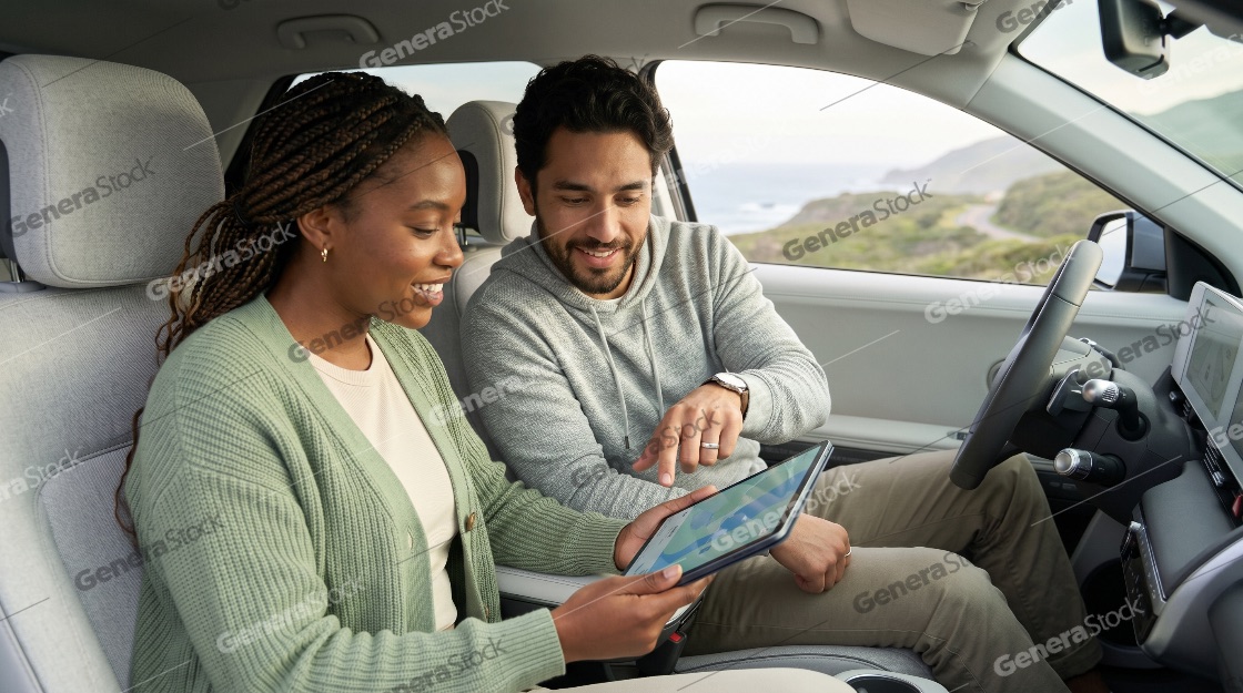 Happy Diverse Couple Planning Road Trip Route on Digital Tablet Inside Modern Car