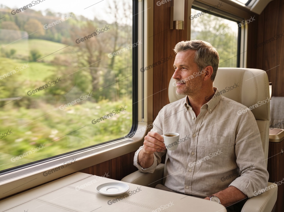 Mature man enjoying coffee while traveling in a luxury first-class train cabin looking out the window