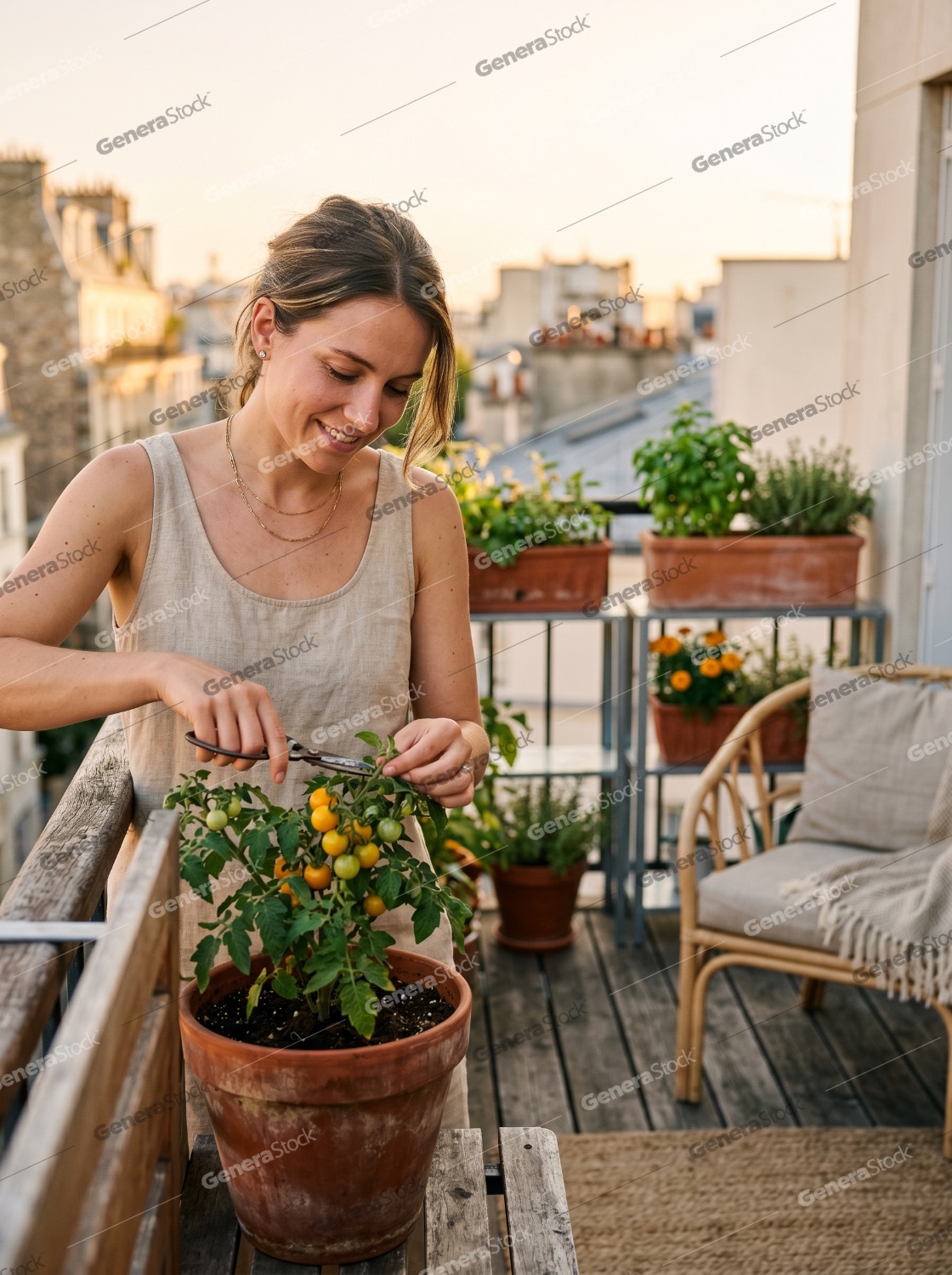 Young Woman Gardening on Urban Balcony Pruning Yellow Cherry Tomatoes at Sunset