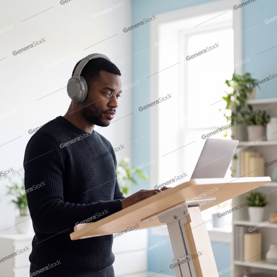 A focused young Black man wearing noise-canceling headphones works on a laptop at a modern wooden standing desk in a bright, airy home office filled with green plants and natural light