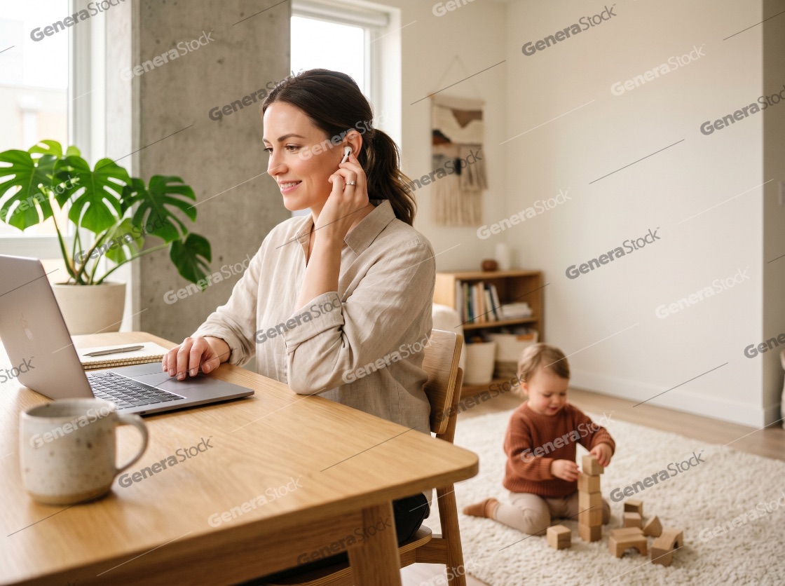 Professional woman working remotely on a laptop while her young child plays nearby in a bright modern home office