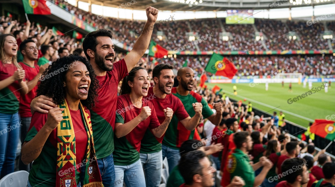 Excited Portuguese Soccer Fans Cheering and Celebrating in a Crowded Stadium During a Match