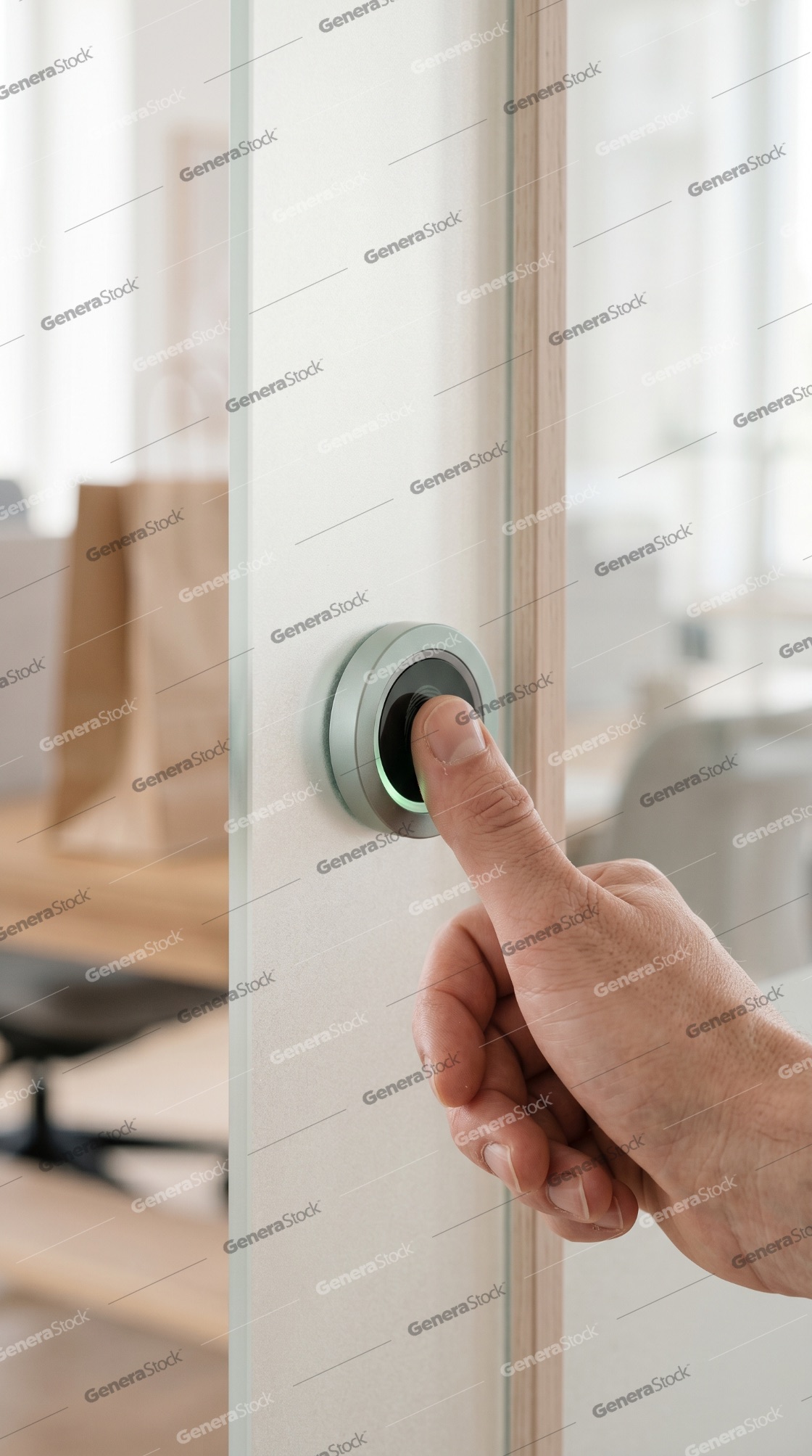Close-up of a hand using a biometric fingerprint scanner on a glass door for secure office access