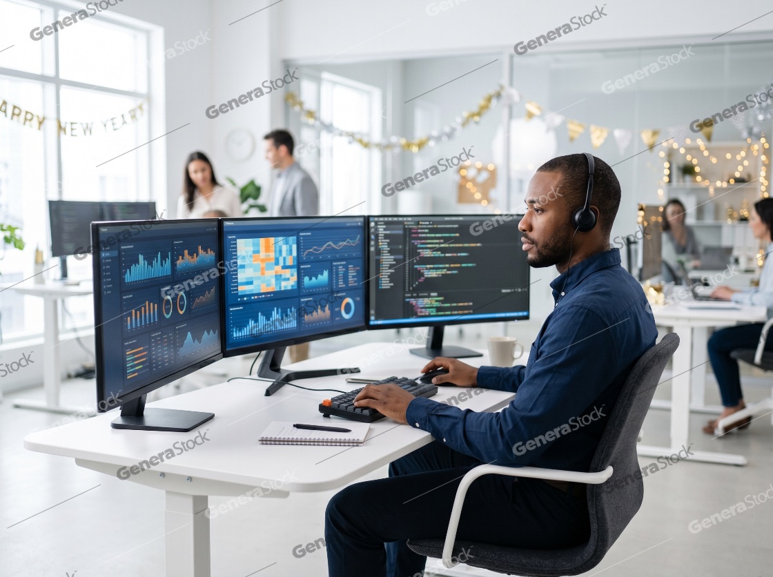 Black Male Software Developer Working on Multiple Monitors in a Festive Office Environment