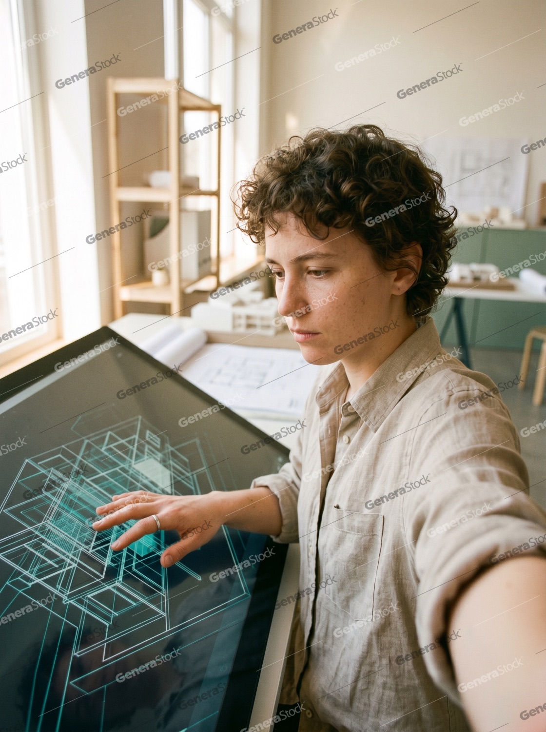 Professional female architect designing a modern building project using a large digital touchscreen display in a bright studio