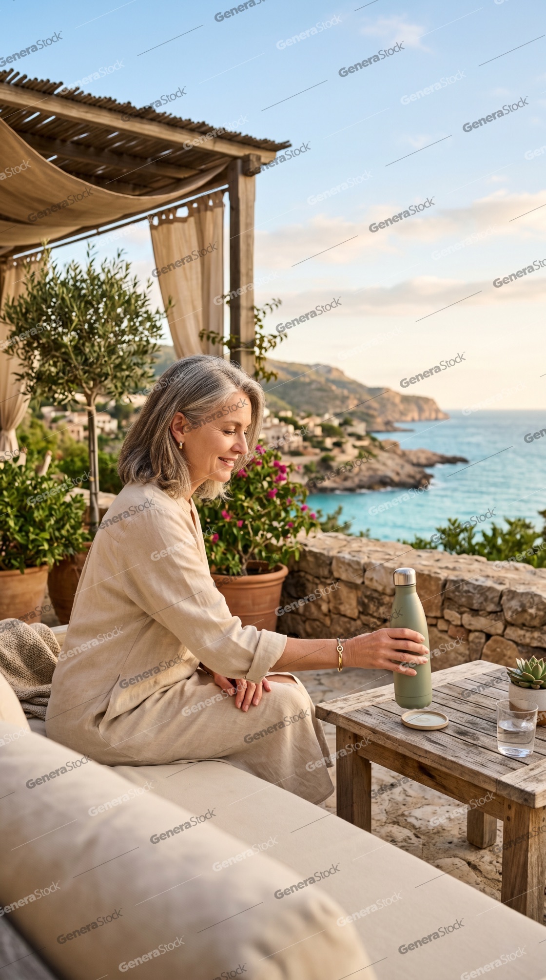Elegant Mature Woman Relaxing on a Luxury Mediterranean Terrace with Ocean View