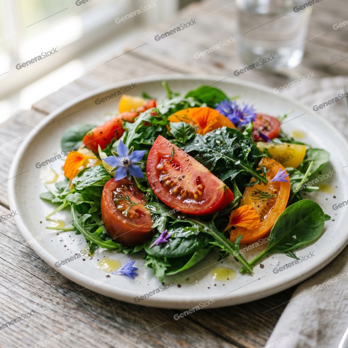 Healthy summer salad with heirloom tomatoes, fresh greens, and colorful edible flowers served on a ceramic plate