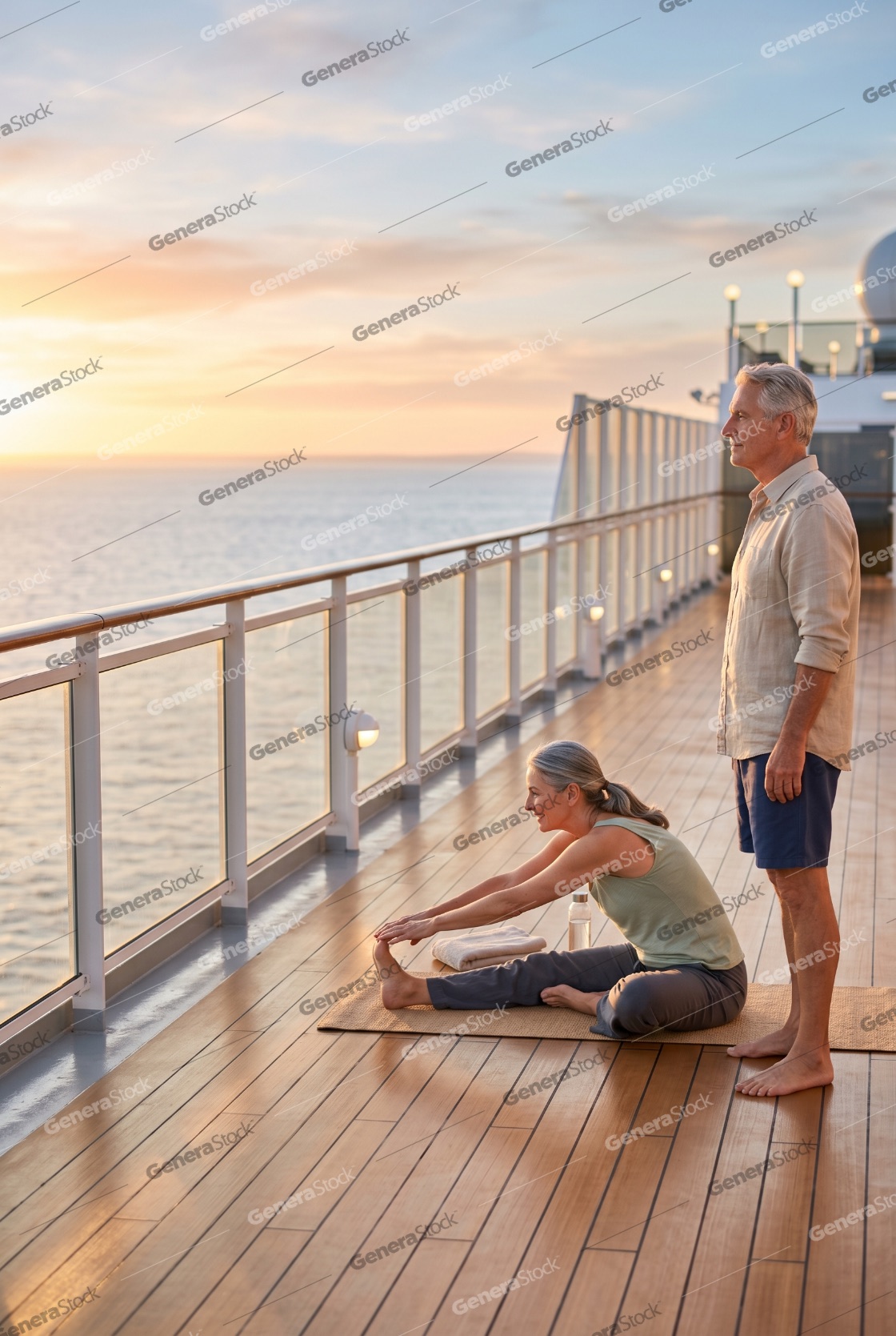 Active Senior Couple Practicing Yoga and Stretching on Cruise Ship Deck at Sunset